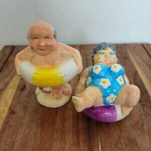 Ceramic Retired Pool Party Couple Salt & Pepper Shakers Funny Tubing Swimsuit